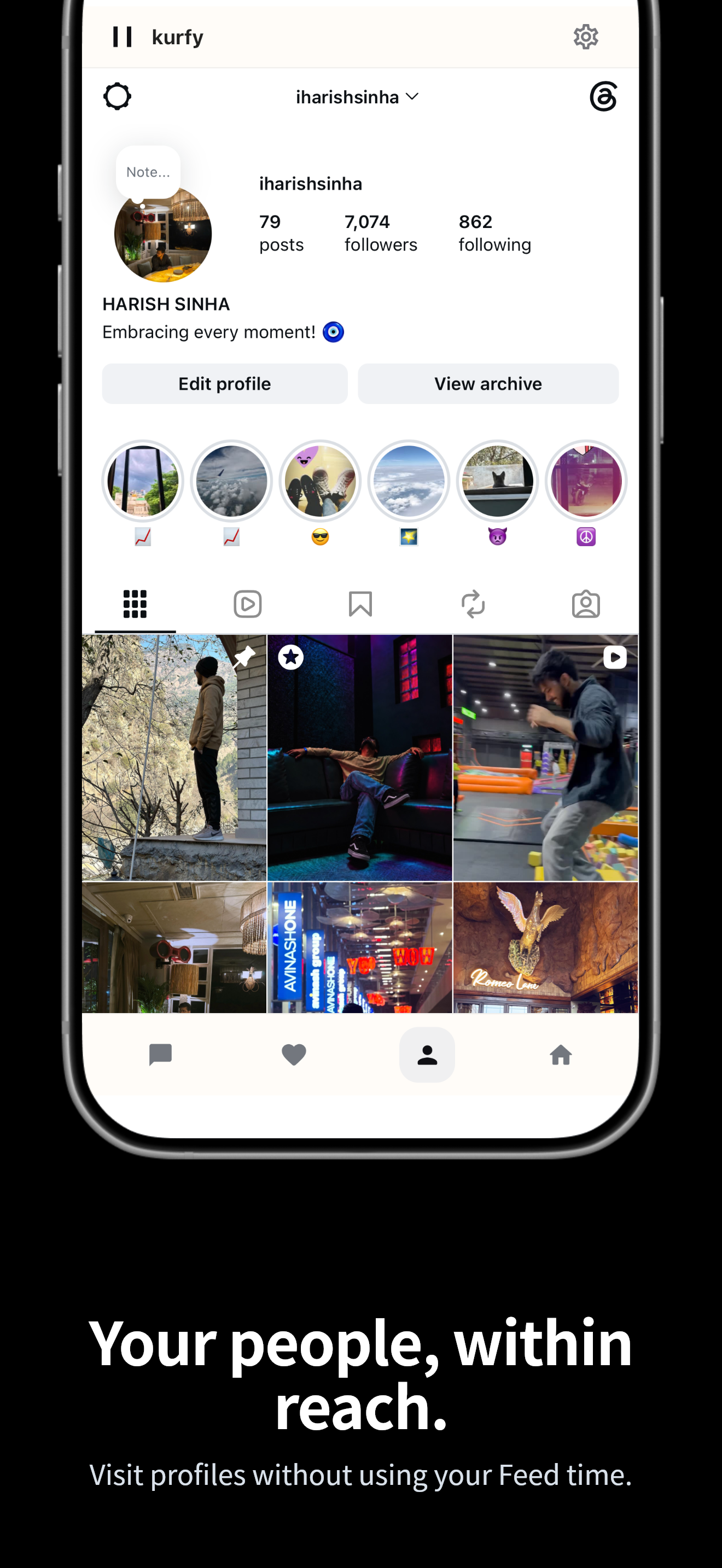 kurfy app on iPhone: Profile. Visit your Instagram profile without using your Feed time.